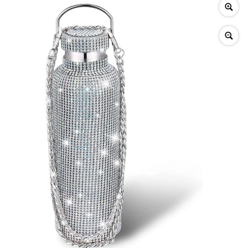 🐭 SALE! Silver Rhinestone encrusted 24.5 oz Water Bottle with chain and Wristlet
